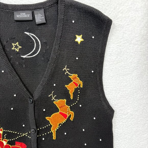 VTG Christmas Flying Santa Reindeer Sky Sweater Vest Black Grandma Teacher Sz L - Picture 3 of 10